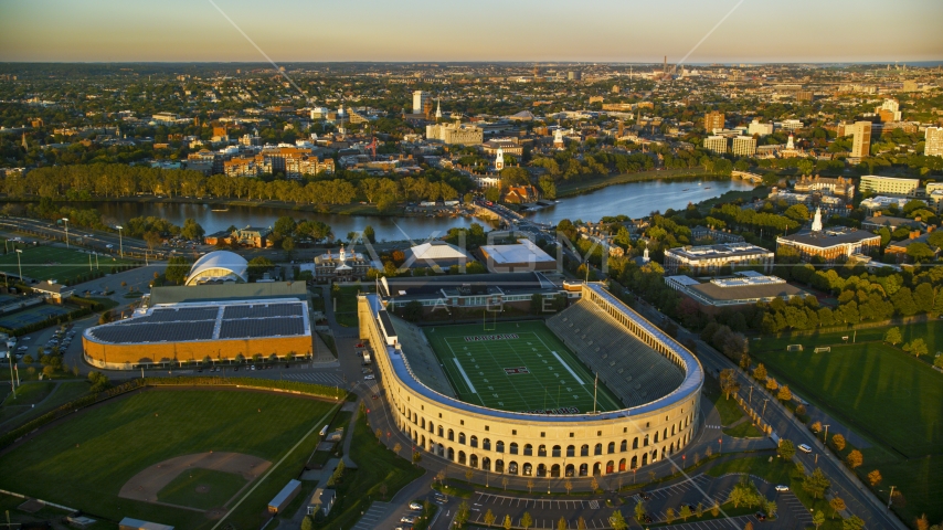 Harvard Stadium at Harvard University, Massachusetts, sunset Aerial Stock Photo AX146_041.0000245F | Axiom Images