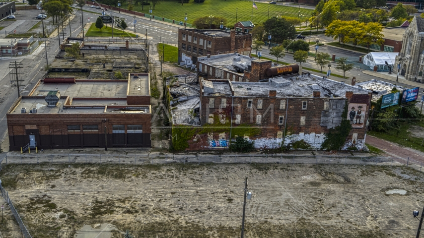 Abandoned building and lot at sunset, Detroit, Michigan Aerial Stock Photo DXP002_192_0003 | Axiom Images